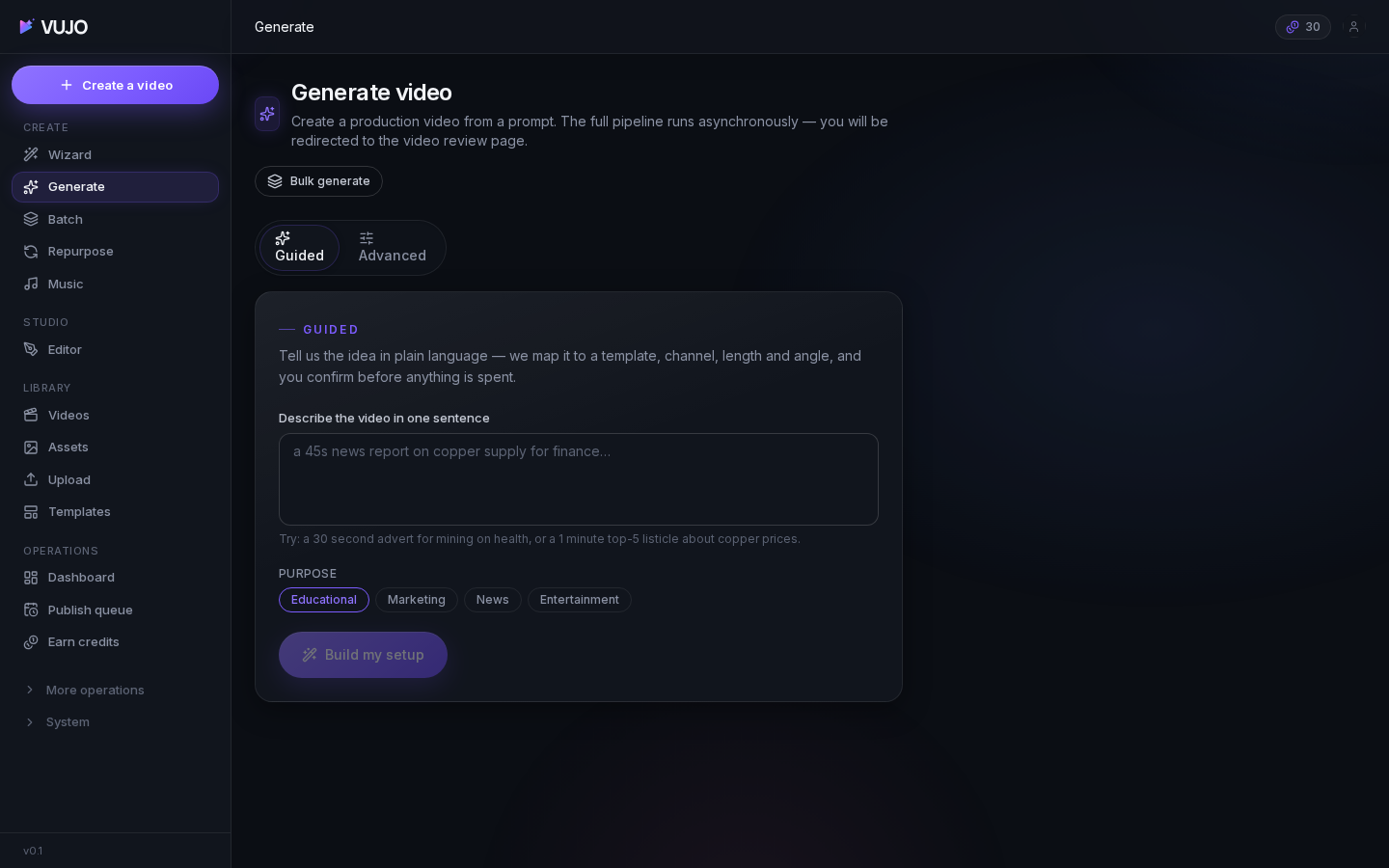 The Vujo.ai prompt-to-video screen: a large topic field with Guided and Advanced tabs and a generate button.